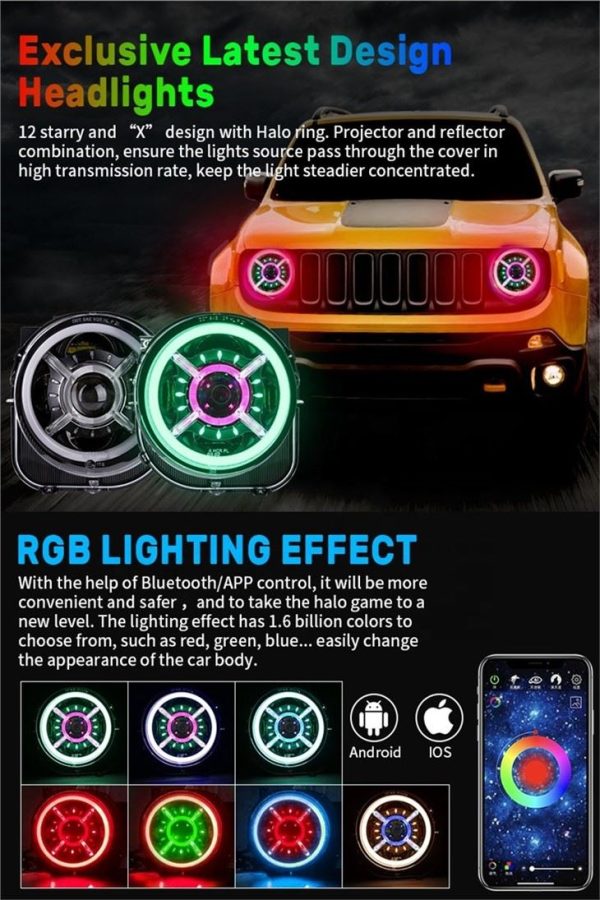 Morsun LED RGB Headlghts Color Change Demon Eyes For Jeep Renegade 2015 2016 2017 2018 2019 2021 — изображение 2