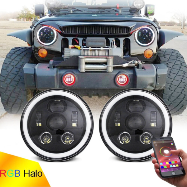 RGB Halo LED Headlight 7 Inch For Jeep Wrangler JK JL Multi Function RGB Headlamp - Image 2